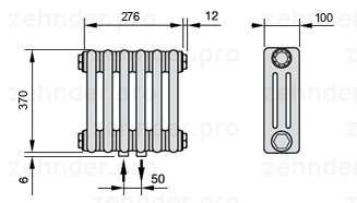 Схема (чертеж) Радиатор Zehnder Charleston 3037/6 №3470 Белый глянцевый RAL 9016